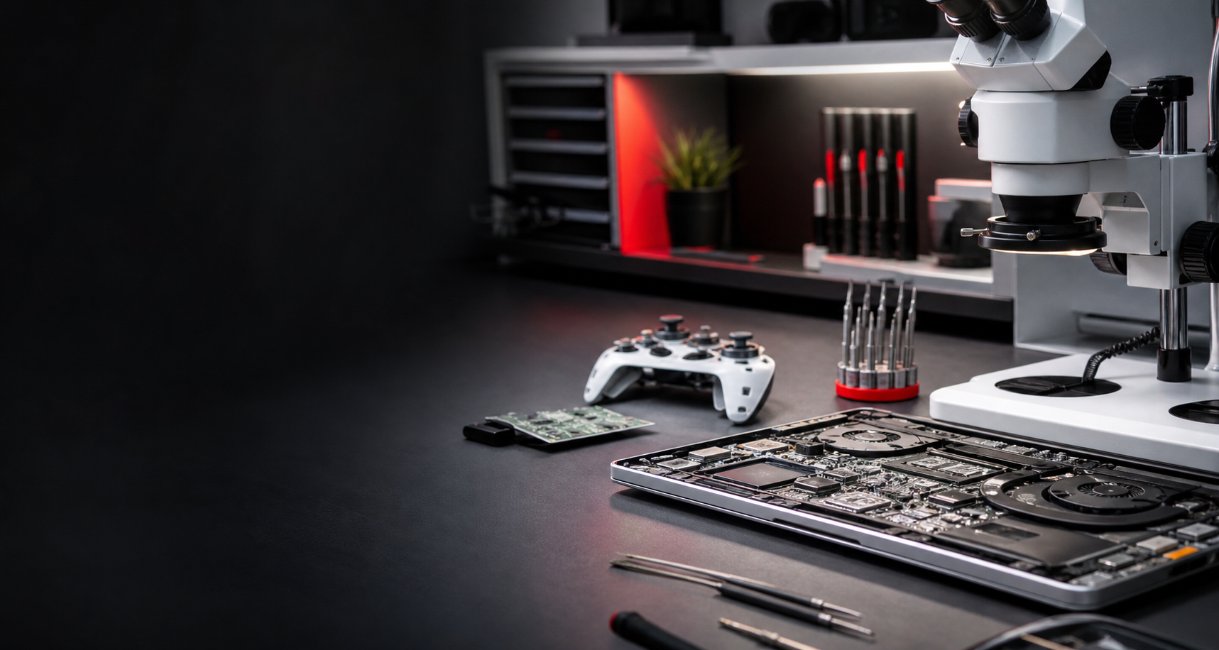 Electronics repair workbench used in the RM Repairs website concept